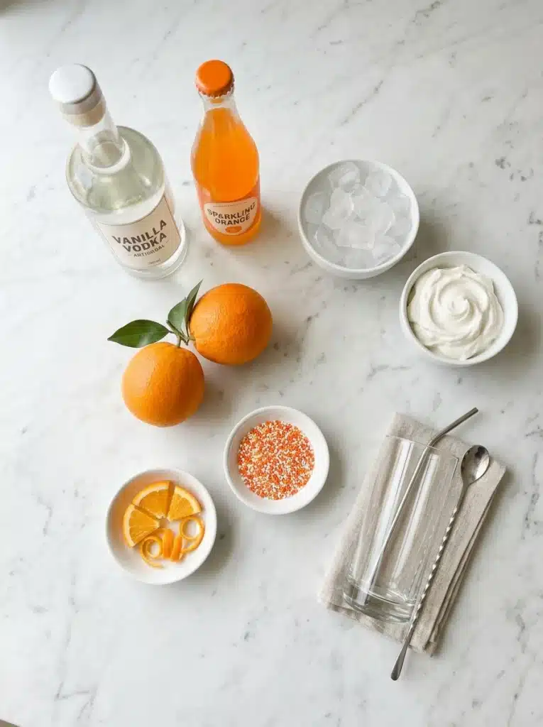Orange Creamsicle Cocktail Recipe 2 Orange creamsicle cocktail ingredients with vodka, orange soda, ice, whipped cream, and sprinkles