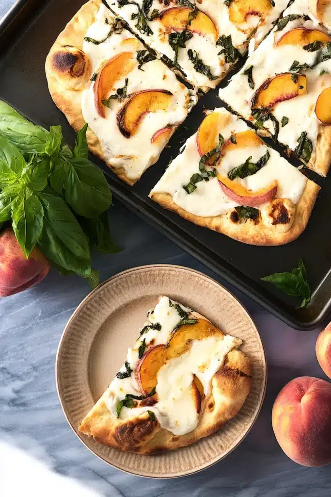 Peach And Basil Naan Bread Pizza sliced on tray with fresh peaches and basil