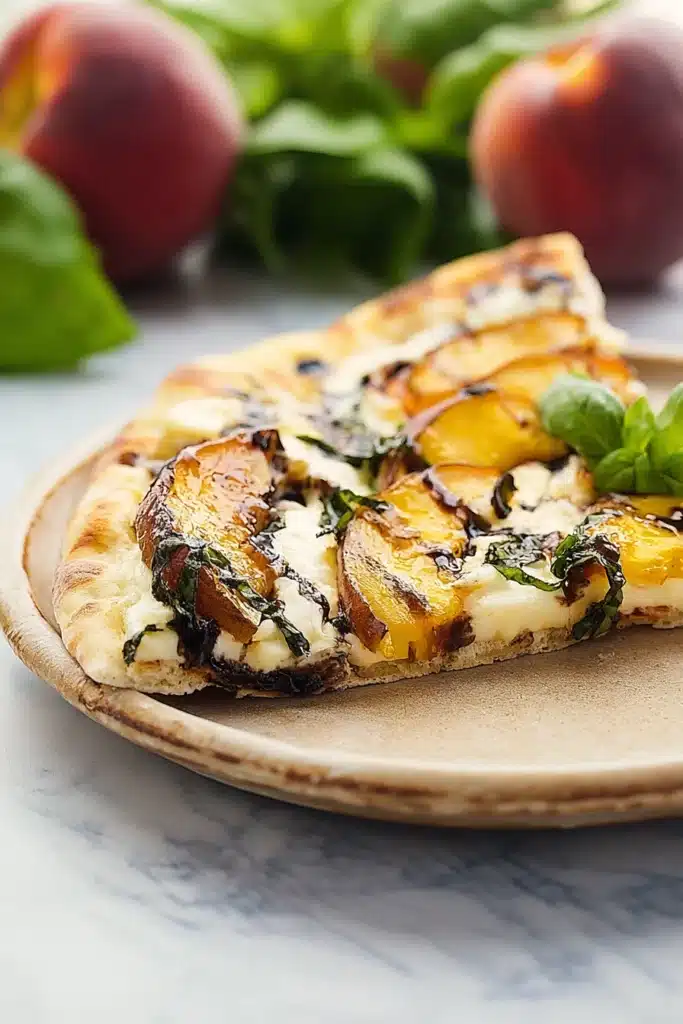 Peach and basil naan bread pizza slice with mozzarella and balsamic glaze on a plate