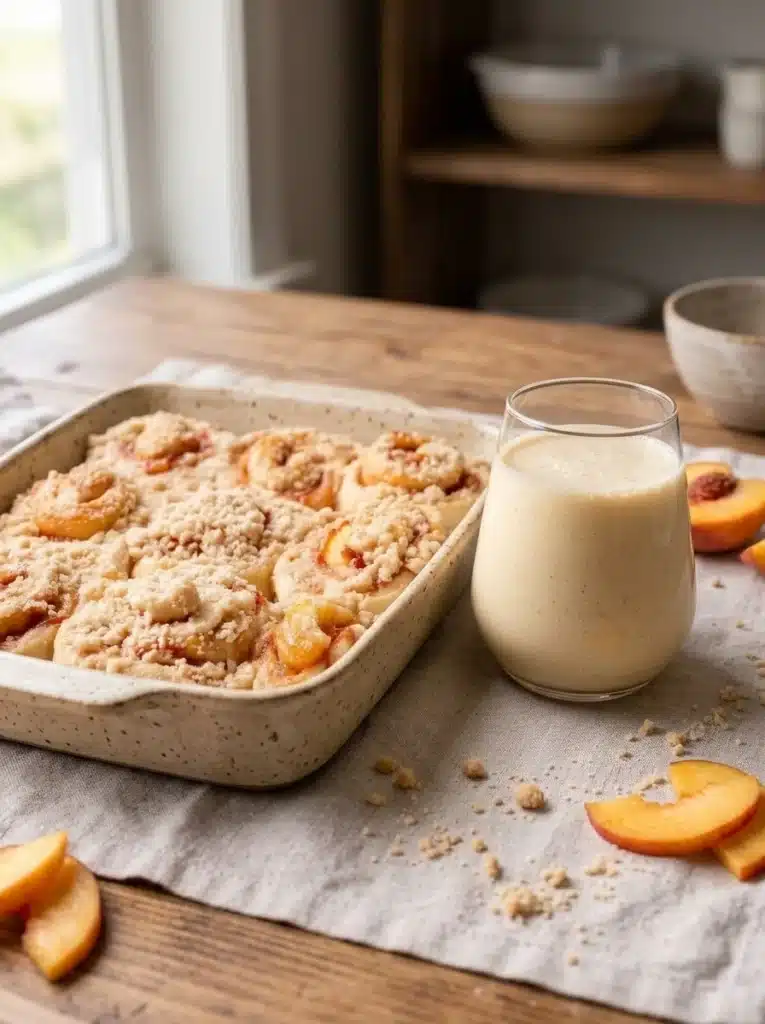 Peach Cobbler Cinnamon Rolls 1 Peach cobbler cinnamon rolls with crumb topping and creamy glaze