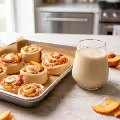 Peach Cobbler Cinnamon Rolls 3 Peach cobbler cinnamon rolls with crumb topping and creamy glaze