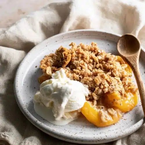 Peach Crisp with Canned Peaches served with vanilla ice cream on a plate