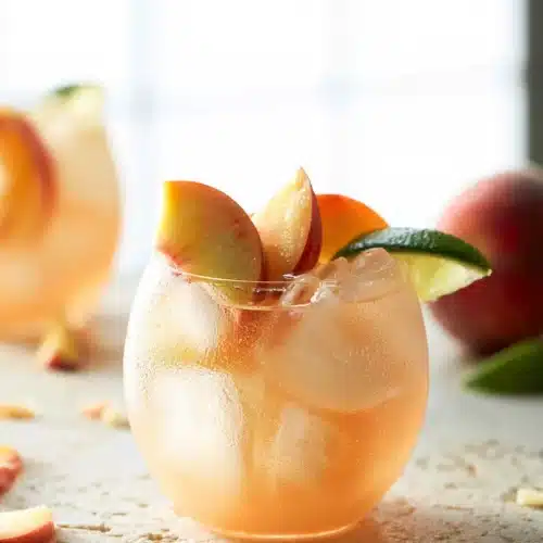 Peach Moscow Mule cocktail with fresh peaches, lime, and ice in a glass