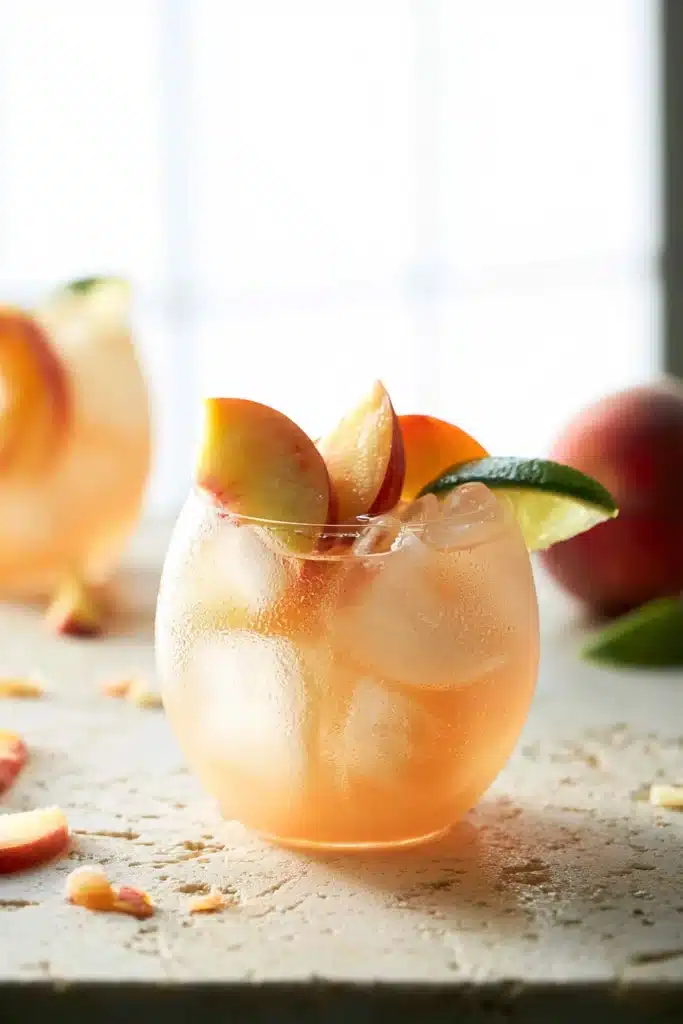 Peach Moscow Mule cocktail with fresh peaches, lime, and ice in a glass