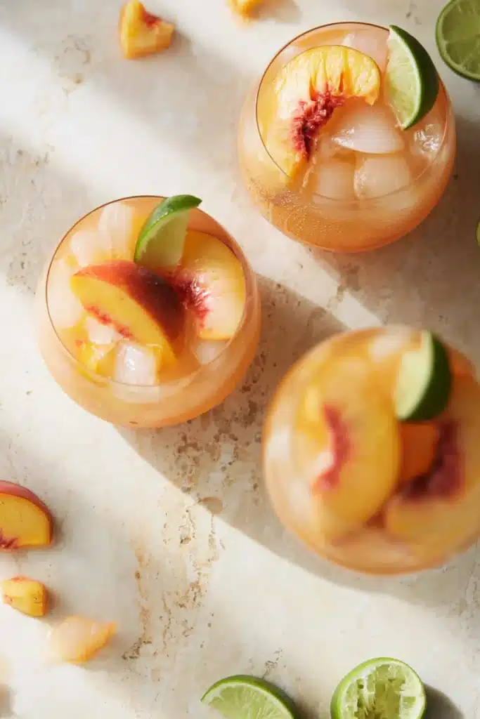 Peach Moscow Mule cocktail with fresh peaches, lime, and ice top view