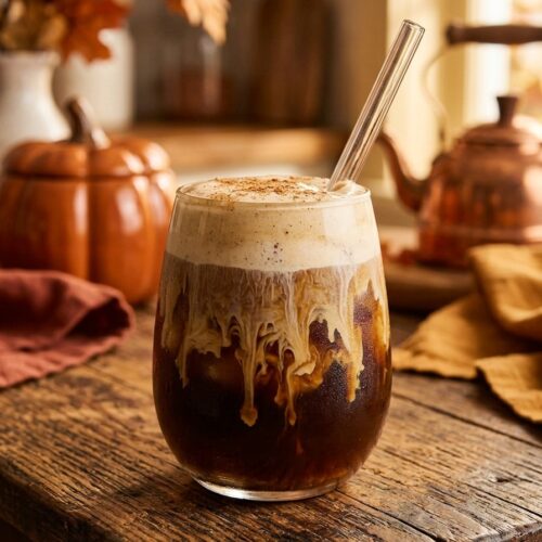 Pumpkin Cream Cold Brew 3 Pumpkin cream cold brew with creamy foam swirling into iced coffee in a glass