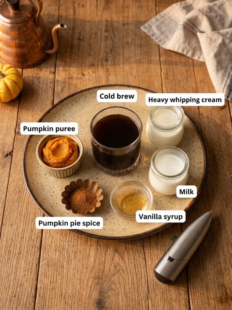Pumpkin Cream Cold Brew 1 Pumpkin Cream Cold Brew ingredients including cold brew coffee, pumpkin puree, milk and cream