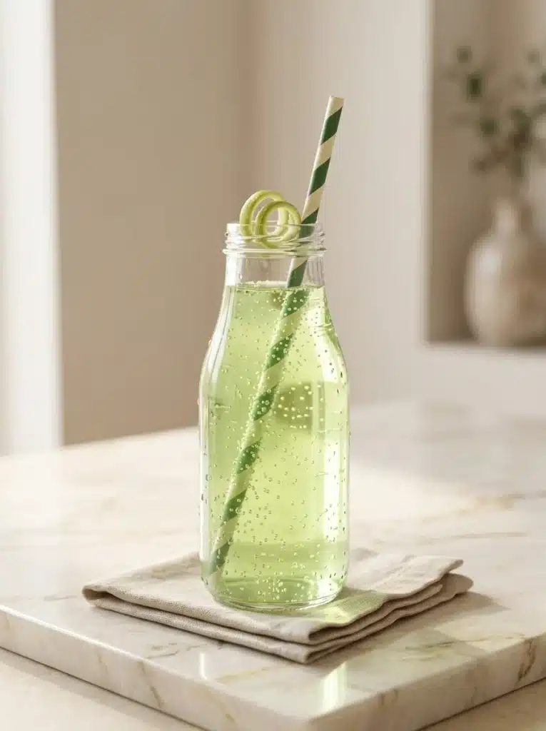 Green Apple Soda with Homemade Juice 2 Green Apple Soda with Homemade Juice in a glass bottle with straw on marble surface