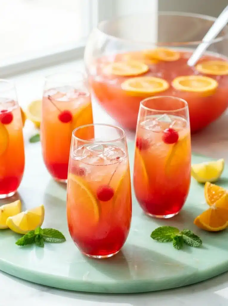Shirley Temple Party Punch Recipe That Everyone Will Love 2 Shirley Temple party punch with orange slices, cherries, and ice in clear glasses