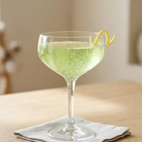 Green Apple Soda with Homemade Juice 3 Green apple soda with homemade juice in a glass with lime garnish on a marble surface