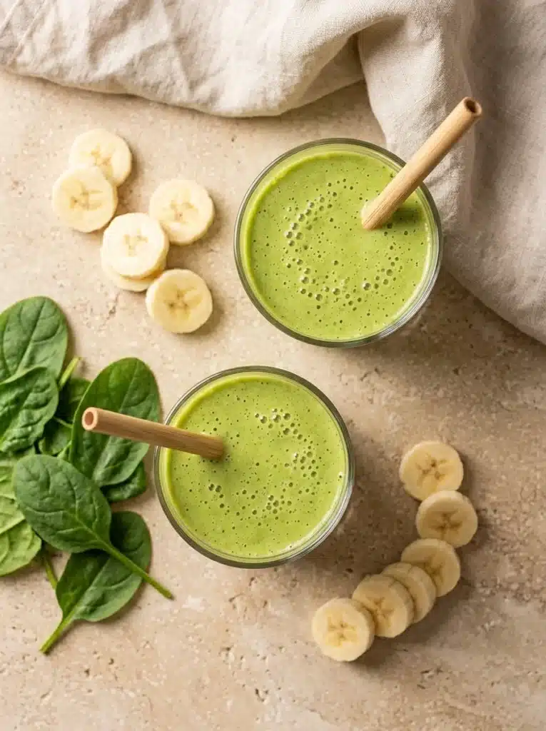 Spinach Green Apple Smoothie in glasses with fresh spinach and apple on marble surface