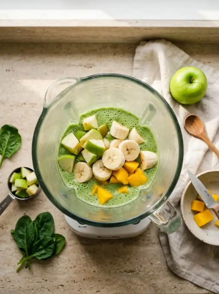 Spinach Green Apple Smoothie ingredients in blender with apple and mango before blending