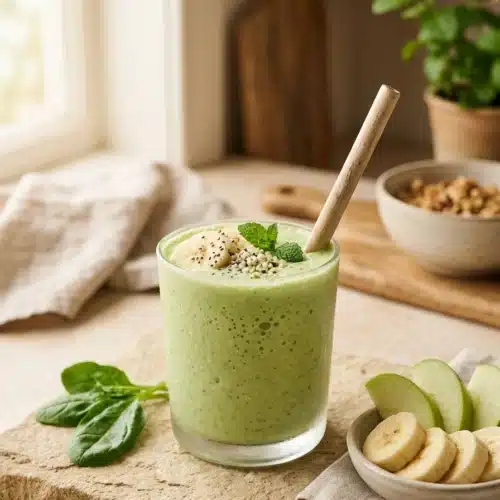 Spinach green apple smoothie in glass with fresh apple and leafy greens on light surface