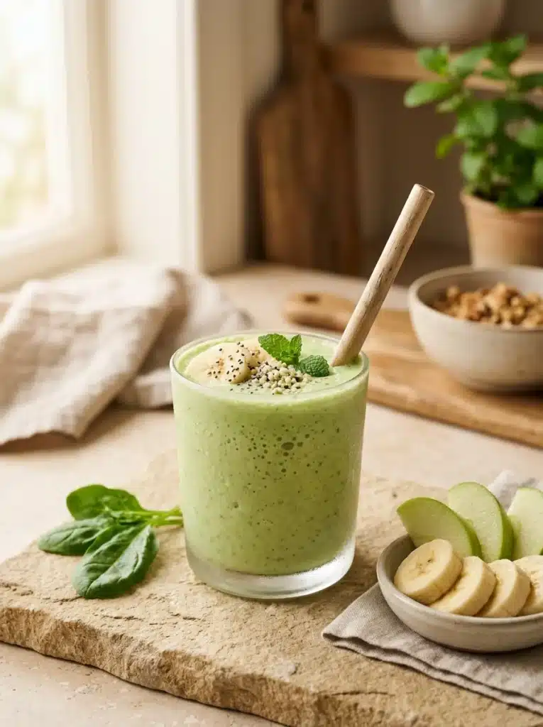 Spinach green apple smoothie in glass with fresh apple and leafy greens on light surface