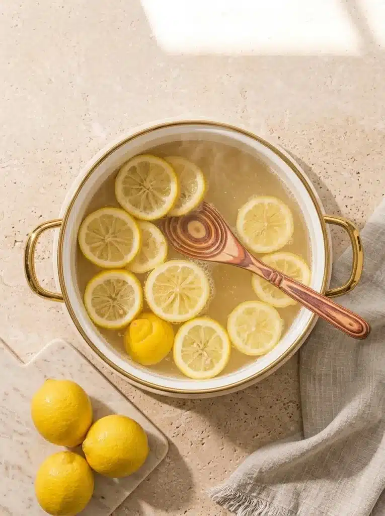 Three Ingredient Homemade Lemonade 3 Three Ingredient Homemade Lemonade simmering lemon slices in pot with wooden spoon