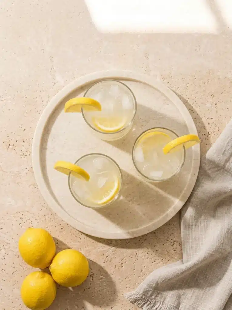 Three Ingredient Homemade Lemonade 4 Three Ingredient Homemade Lemonade served in glasses with ice and lemon slices on tray