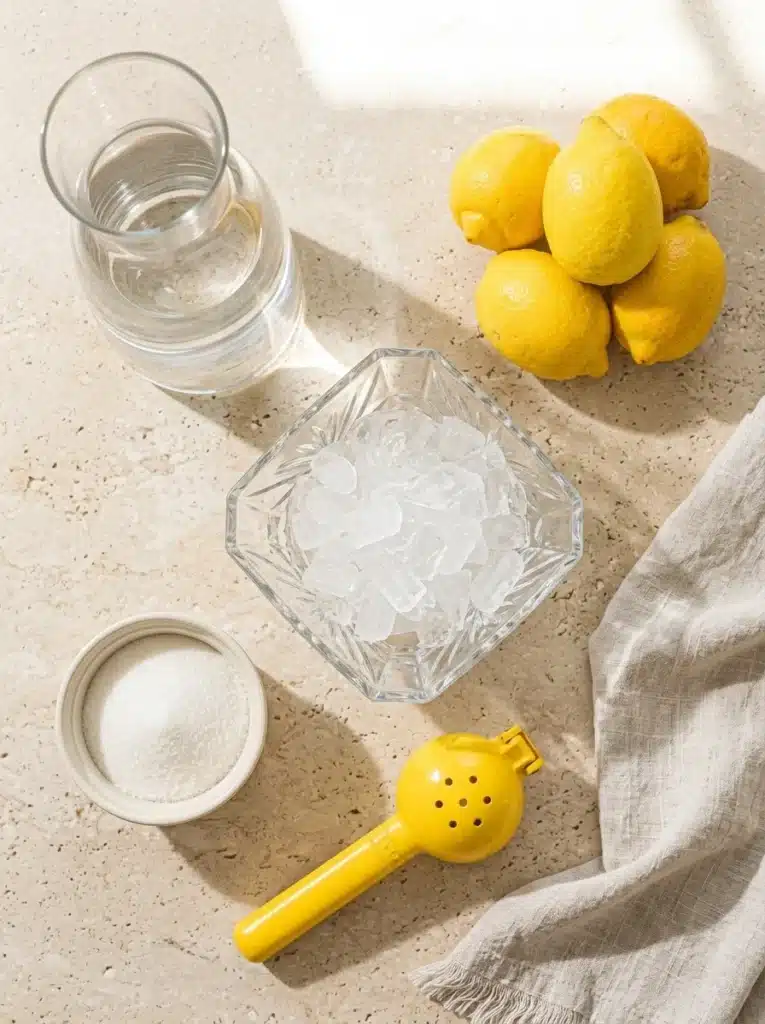 Three Ingredient Homemade Lemonade 2 Three Ingredient Homemade Lemonade ingredients with lemons, sugar, water, and ice on stone surface