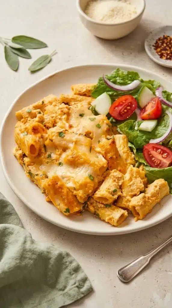 Cheesy Pumpkin Ricotta Pasta: Easy Creamy Dinner 1 Cheesy Pumpkin Ricotta Pasta with melted mozzarella, rigatoni, and fresh salad