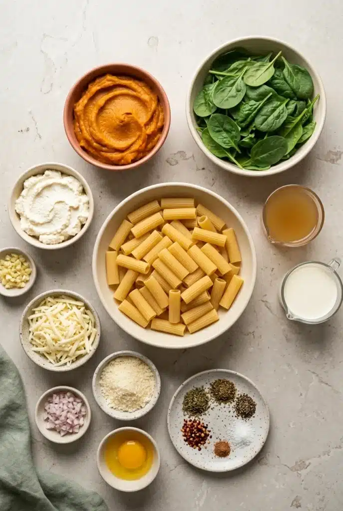 Cheesy Pumpkin Ricotta Pasta: Easy Creamy Dinner 2 Cheesy Pumpkin Ricotta Pasta ingredients with rigatoni, pumpkin, ricotta and spinach
