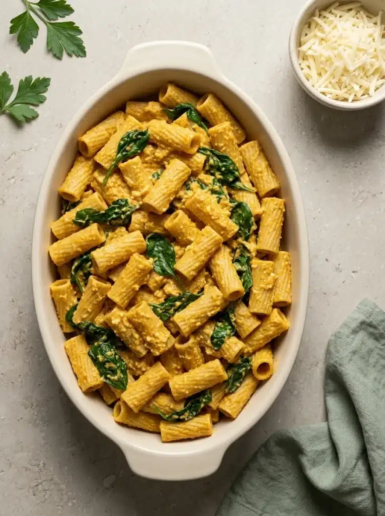 Cheesy Pumpkin Ricotta Pasta: Easy Creamy Dinner 4 Cheesy Pumpkin Ricotta Pasta with spinach ready for baking