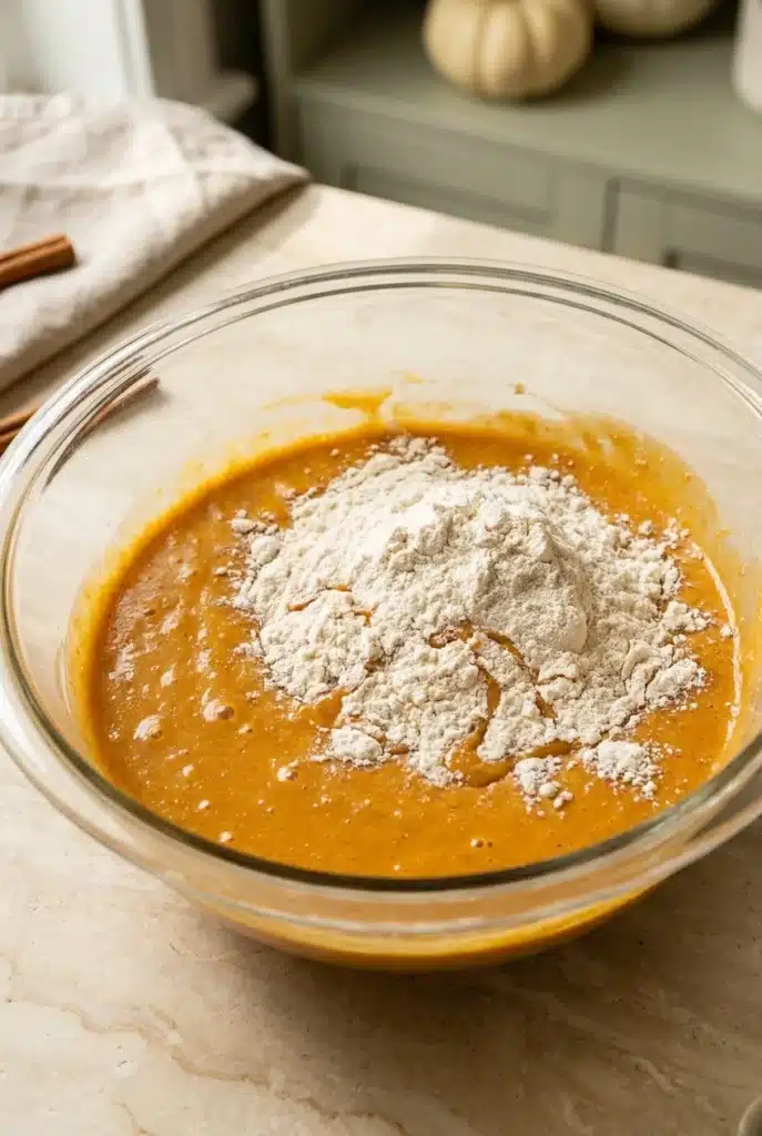 Donut Pumpkin Muffins With Cinnamon Sugar 2 Donut Pumpkin Muffins batter with flour added to pumpkin mixture