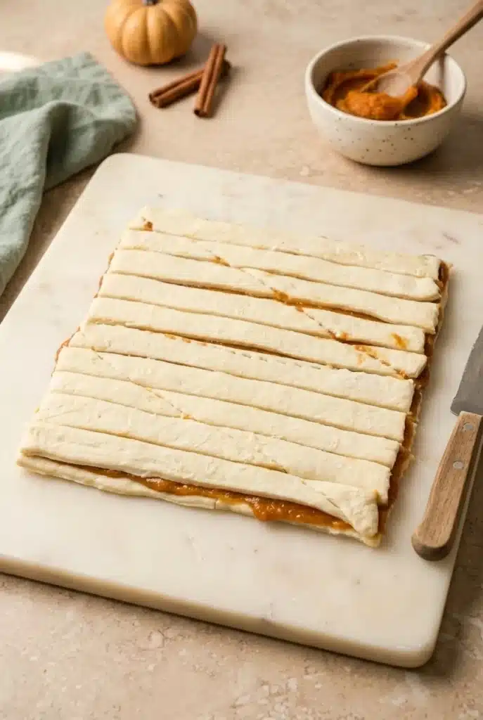 Easy Pumpkin Pie Twists dough cut into strips with pumpkin filling
