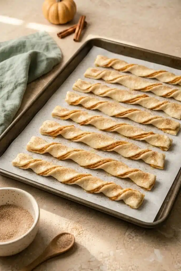 Easy Pumpkin Pie Twists topped with cinnamon sugar before baking