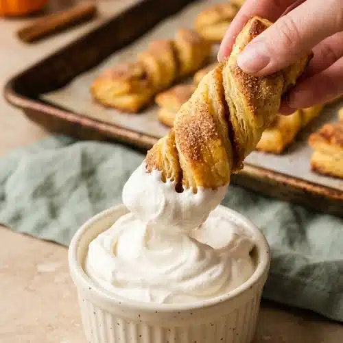 Easy Pumpkin Pie Twists dipped in fluffy whipped cream with cinnamon sugar