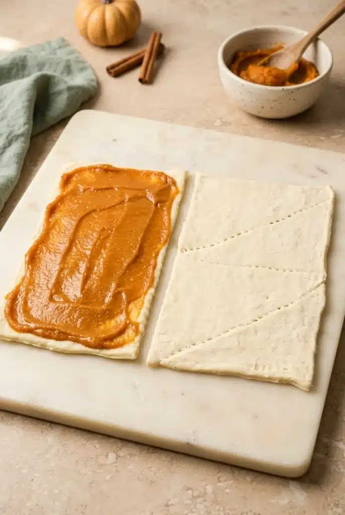 Easy Pumpkin Pie Twists dough with a thin layer of pumpkin filling