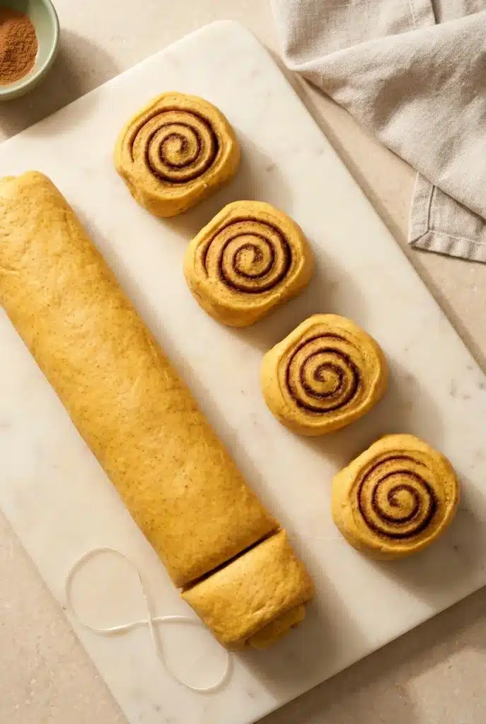 Fluffy and Soft Pumpkin Cinnamon Rolls With Maple Frosting 4 Fluffy and Soft Pumpkin cinnamon rolls cut from pumpkin dough with dental floss