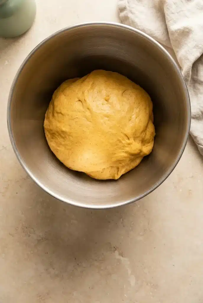 Fluffy and Soft Pumpkin Cinnamon Rolls With Maple Frosting 3 Fluffy and Soft Pumpkin cinnamon roll dough after kneading