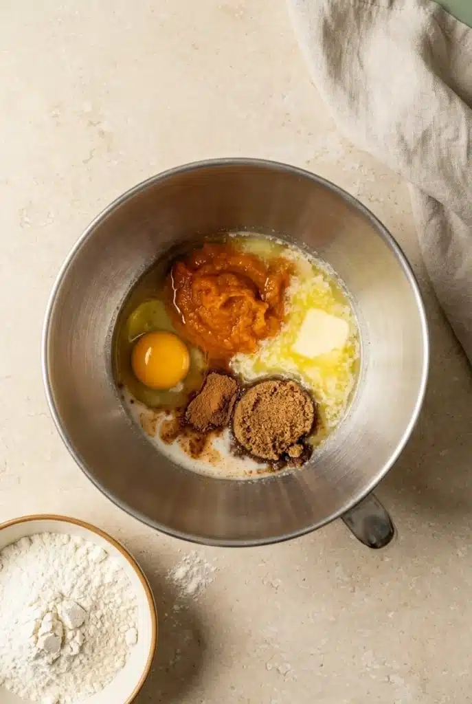 Fluffy and Soft Pumpkin Cinnamon Rolls With Maple Frosting 2 Fluffy and Soft Pumpkin cinnamon roll dough ingredients in a mixing bowl