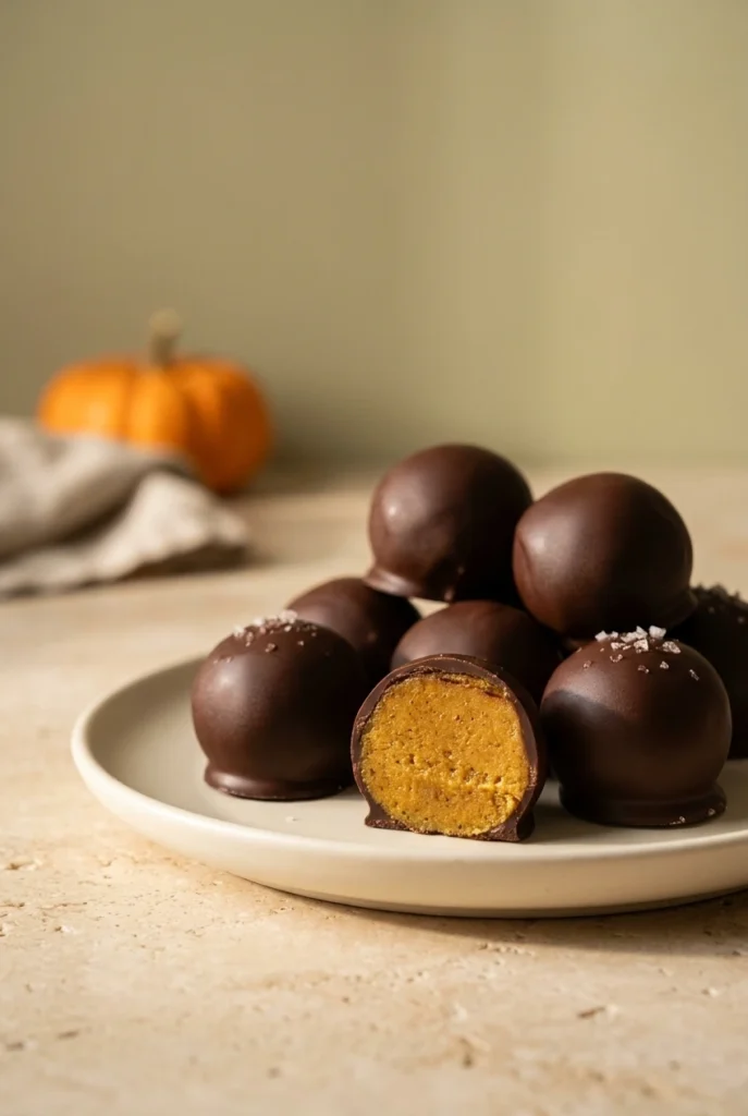 Healthy Pumpkin Truffles: Easy No-Bake Pumpkin Treats 2 Healthy Pumpkin Truffles with dark chocolate, pumpkin spice filling, and flaky sea salt