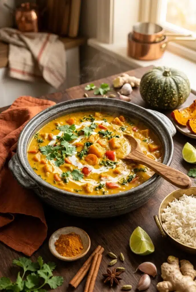 Indian Pumpkin Curry: Easy, Creamy, and Cozy 2 Creamy Indian pumpkin curry in a skillet with basmati rice, fresh herbs, and lime wedges