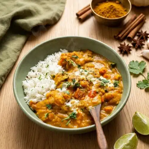 Indian Pumpkin Curry: Easy, Creamy, and Cozy 3 Creamy Indian pumpkin curry served with basmati rice and lime wedges in a ceramic bowl