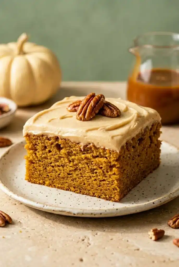 Pumpkin Cake with Caramel Cream: Irresistibly Cozy Fall Dessert 1 Pumpkin Cake with Caramel Cream topped with pecans and creamy caramel frosting