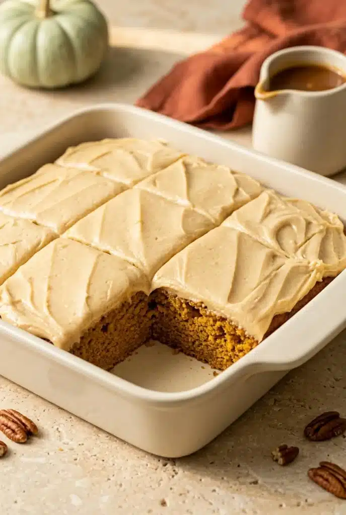 Pumpkin Cake with Caramel Cream: Irresistibly Cozy Fall Dessert 2 Pumpkin Cake with Caramel Cream cut into squares with creamy caramel frosting