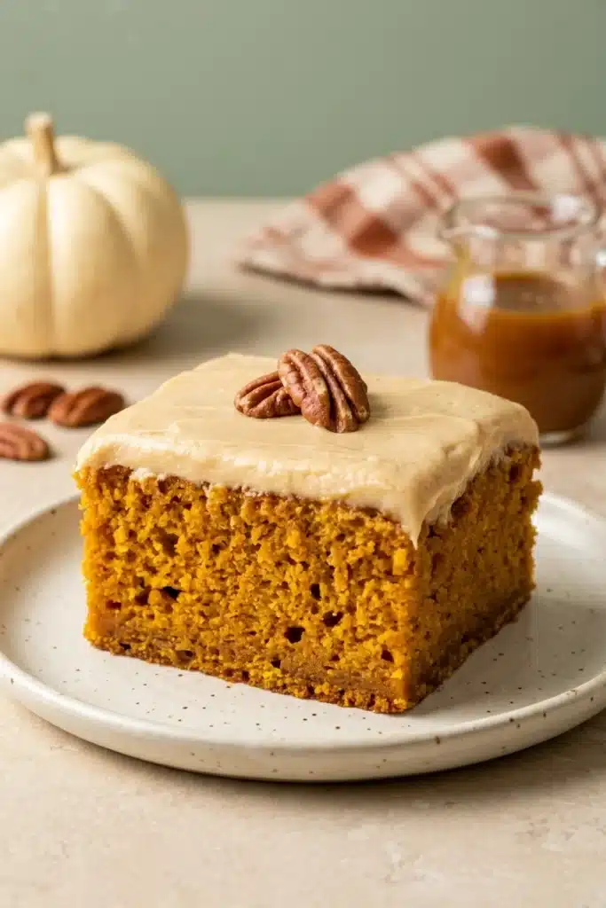Pumpkin Cake with Caramel Cream: Irresistibly Cozy Fall Dessert 3 Pumpkin Cake with Caramel Cream topped with pecans and silky caramel frosting
