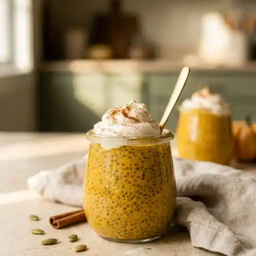 Pumpkin chia seed pudding topped with whipped cream and cinnamon in a glass