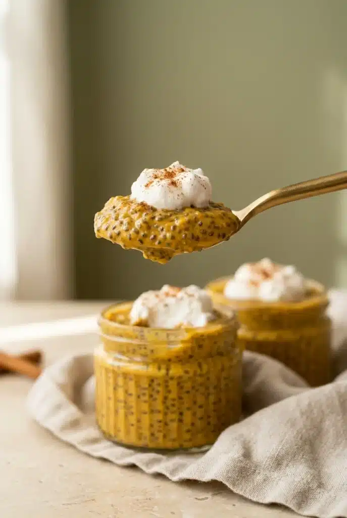 Creamy Pumpkin Chia Seed Pudding with whipped cream on a spoon