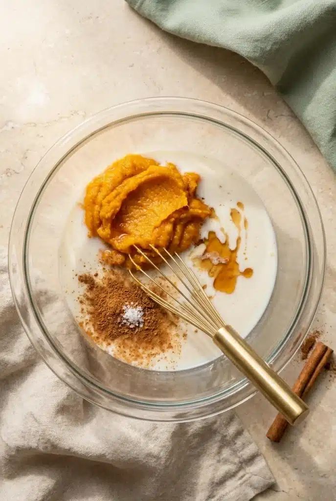 Pumpkin Chia Seed Pudding ingredients with pumpkin puree, milk and spices
