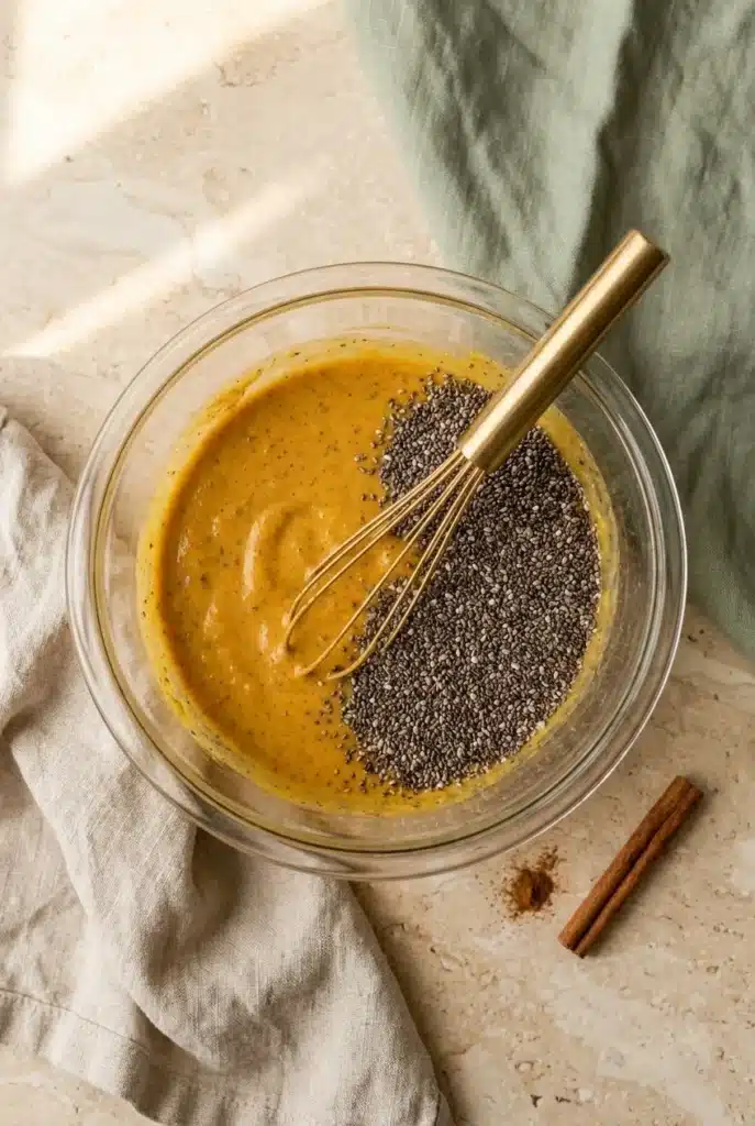 Pumpkin Chia Seed Pudding mixture with chia seeds and whisk