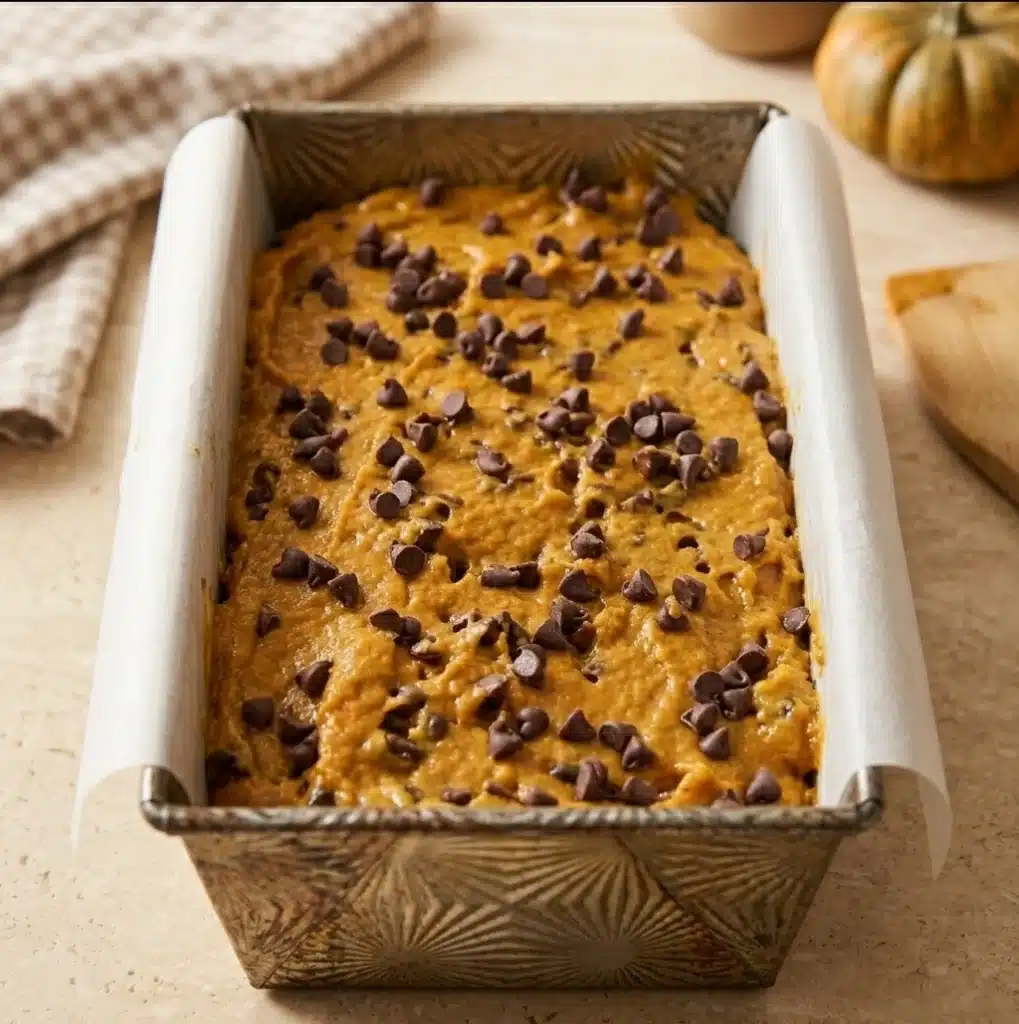 Pumpkin Chocolate Chip Bread: Easy, Moist Fall Favorite 3 Pumpkin Chocolate Chip Bread batter topped with chocolate chips in a loaf pan