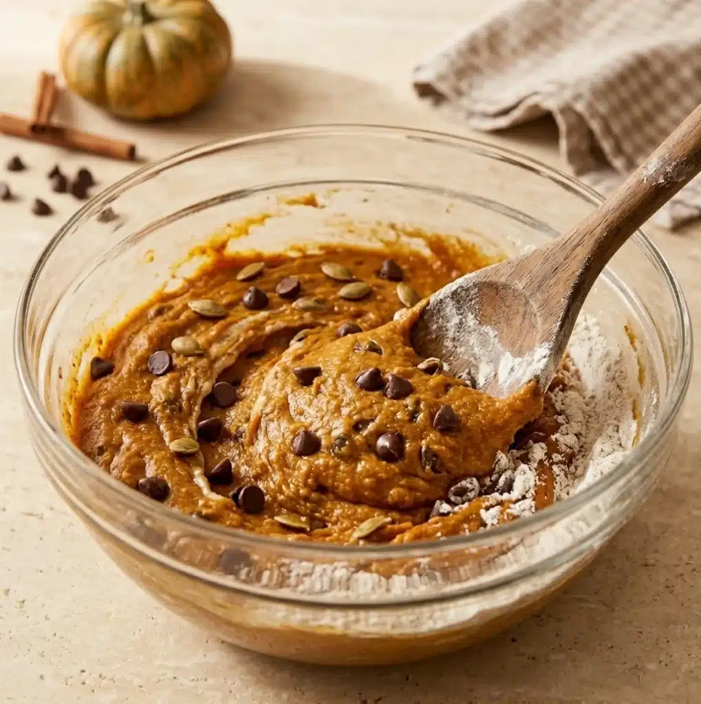 Pumpkin Chocolate Chip Bread: Easy, Moist Fall Favorite 2 Pumpkin Chocolate Chip Bread batter with chocolate chips in a glass mixing bowl