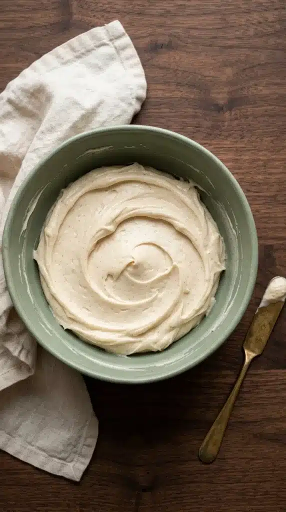 Pumpkin Cinnamon Rolls: Cozy, Soft, and Delicious 4 Creamy brown butter frosting for Pumpkin Cinnamon Rolls in a mixing bowl