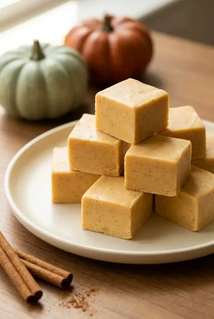 Pumpkin Fudge: Easy, Creamy, and Irresistibly Rich 2 Creamy Pumpkin Fudge cubes with pumpkin pie spices and fall pumpkins