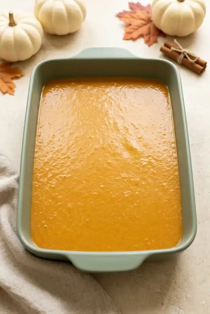 Pumpkin Pie Dump Cake That’s Easy, Cozy, and Delicious 2 Pumpkin Pie Dump Cake pumpkin filling in a baking dish before adding cake mix