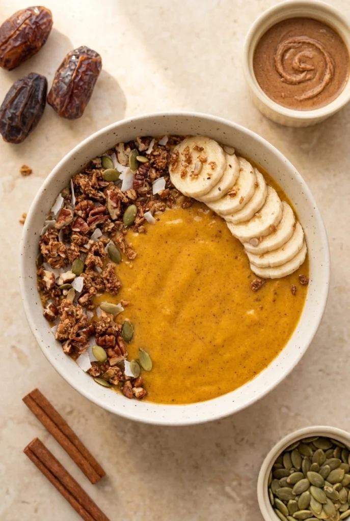 Pumpkin Pie Smoothie Bowl: Easy, Creamy Fall Breakfast 3 Pumpkin Pie Smoothie Bowl with banana, granola, pecans, pumpkin seeds, and coconut