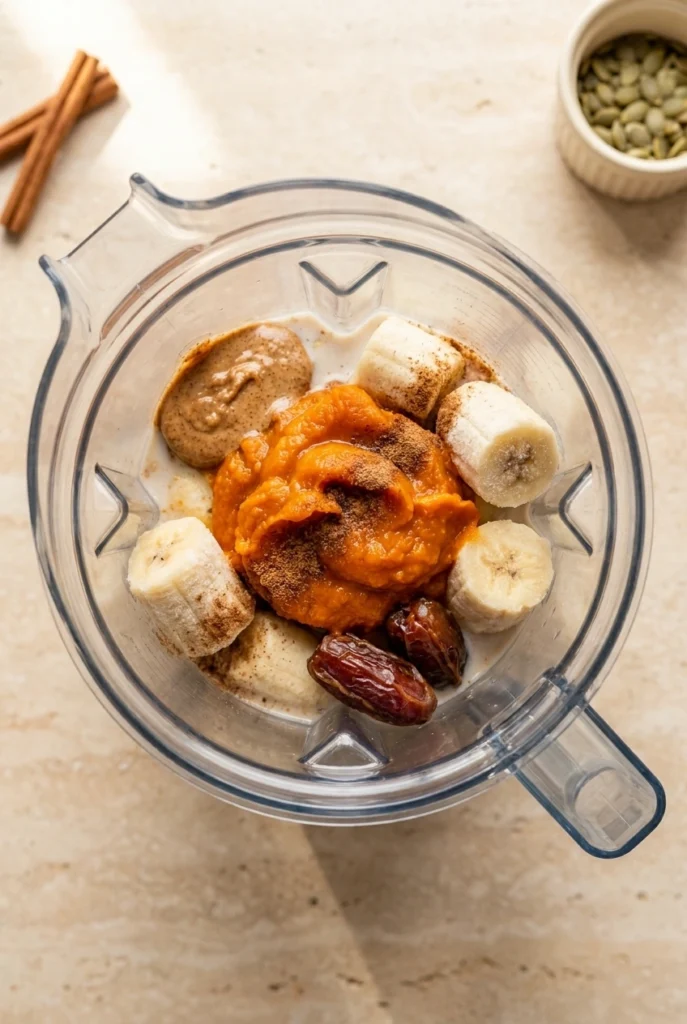 Pumpkin Pie Smoothie Bowl: Easy, Creamy Fall Breakfast 2 Pumpkin Pie Smoothie Bowl ingredients with pumpkin, banana, dates, and spices in a blender