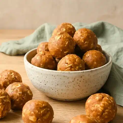 Pumpkin protein balls with oats served in a bowl for an easy no bake fall snack